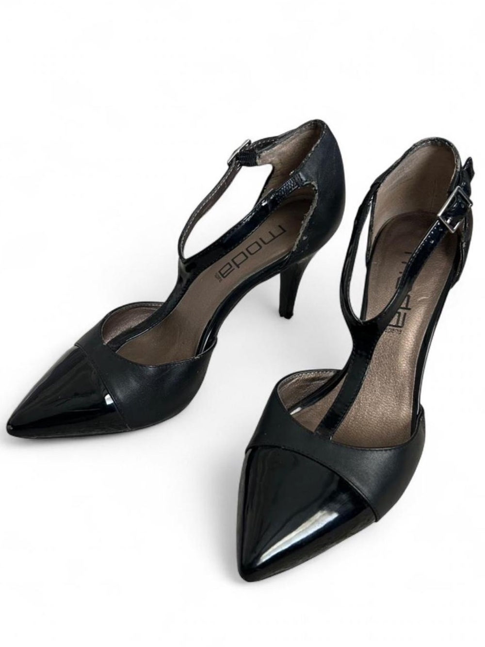 Moda Black Patent and Leather T-Strap Pointed Heels